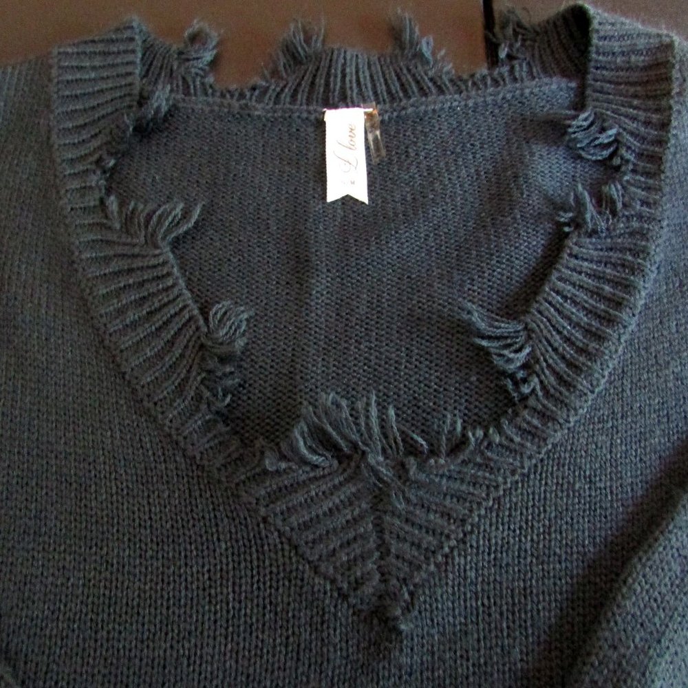 L. Love Gray Sweater with Frayed Edging, Women's S/M, 100% Acrylic, Soft & Warm